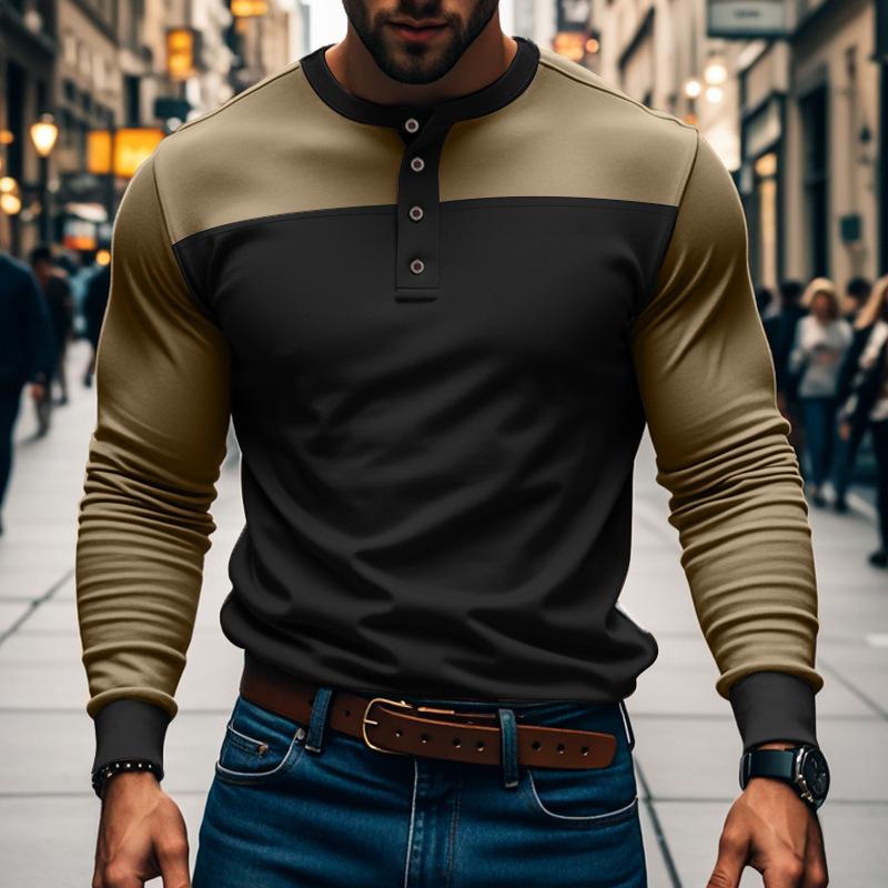 Vintage Patchwork Mens Crew Neck T Shirts Autumn Long Sleeve Contrast Color Buttoned Tops for Men Casual Slim Pullover Male Tees
