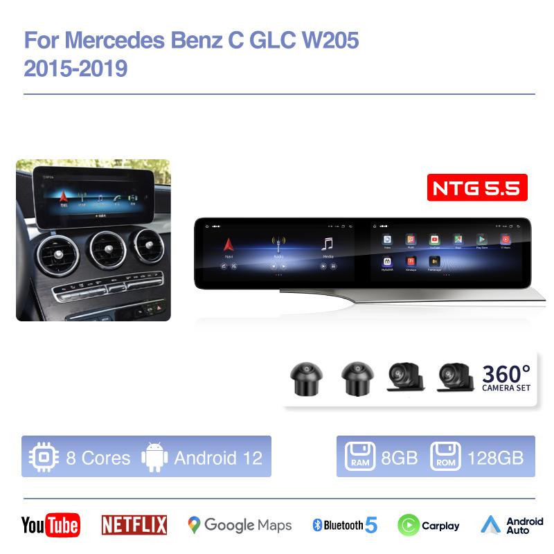 12.3inch Android12 Car Multimedia Video Player For Mercedes Benz C GLC W205 2015-2019 GPS Navigation CarPlay 4G 360Camera wifi