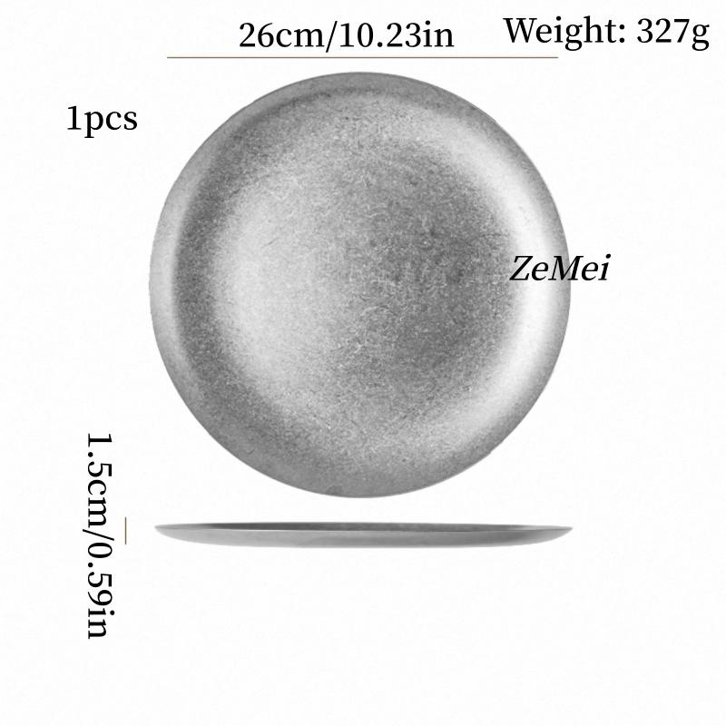 Retro Stainless Steel Circle Dinner Plate,Gray Heat-Resistant Home Steak Plate Dinner Dishes Grill Tray Tableware,Kitchenware