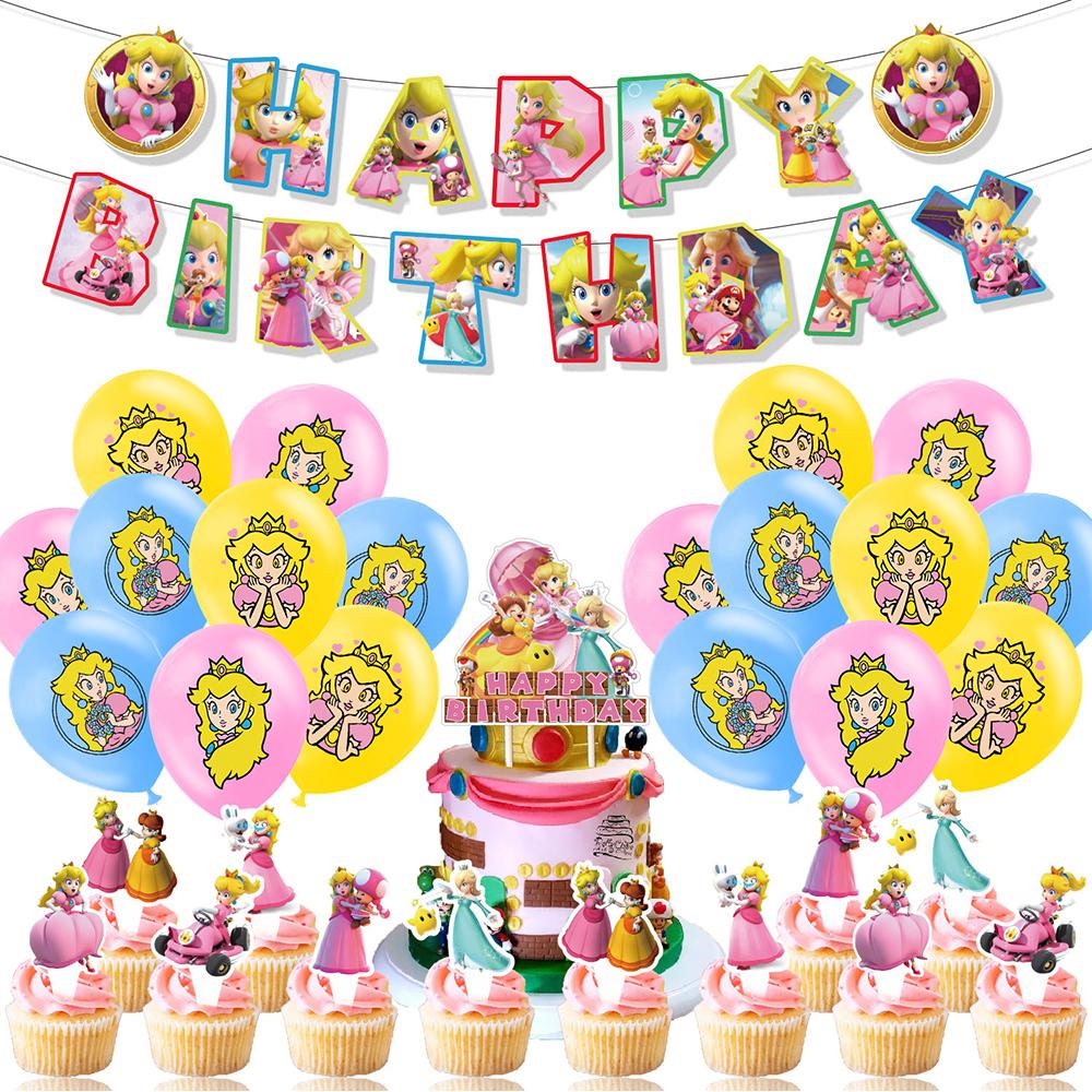 32PCS Princess Peach Birthday Party Supplies Includes Banner Cake Topper Balloon