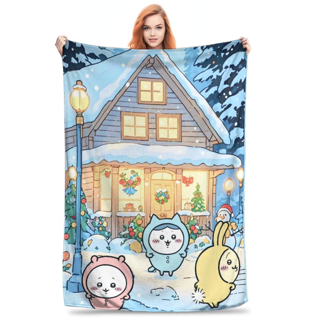 Warm Soft BlanketGirls Boys Decorative Chiikawa Snow Christmas Throw Blanket Flannel Bedspread For Couch Bed Novelty Bed Cover