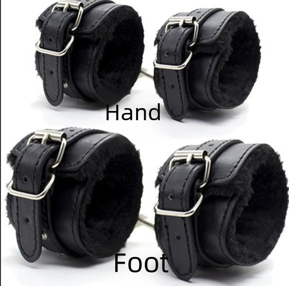 Ankle Leather Plush Bondage Set Cuffs Handcuffs Cross Back Mouth Gag