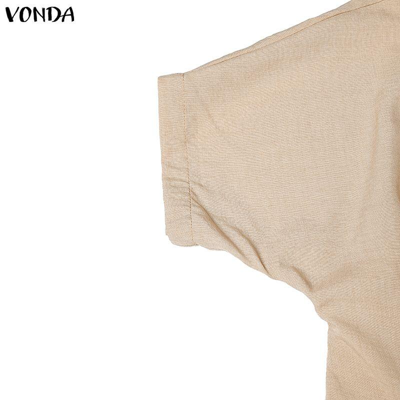 VONDA Women Elegant V Neck Pleated Midi Dress Short Sleeve High Waist A Line Office Style Sundress