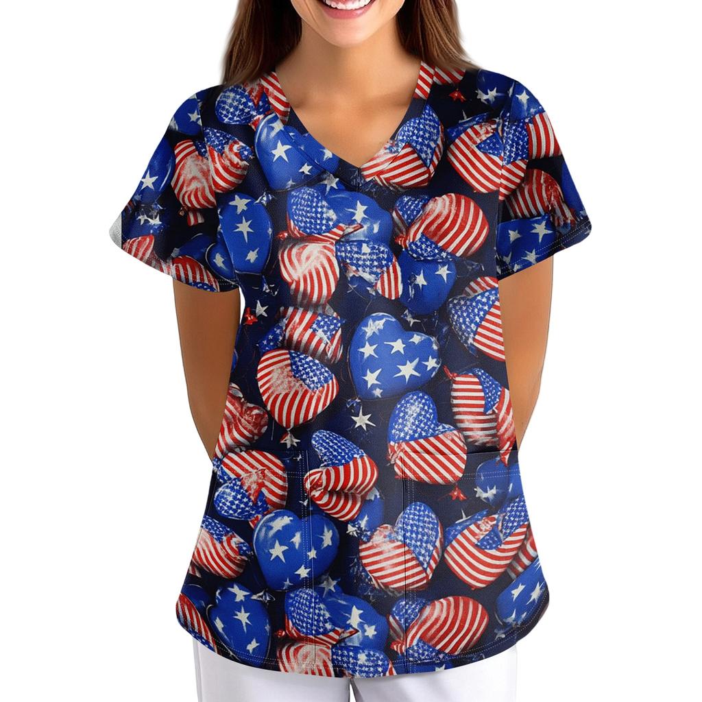 Women's V Neck Floral Print Short Sleeve Medical Scrub Top with Pocket Vintage Style Comfortable Fit Nursing Workwear
