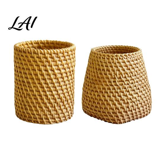 Resin Pen Holder Faux Rattan Holder Woven Style Makeup Brush Boho Desktop Organizer Multi-functional Pencil Cup for Home Office