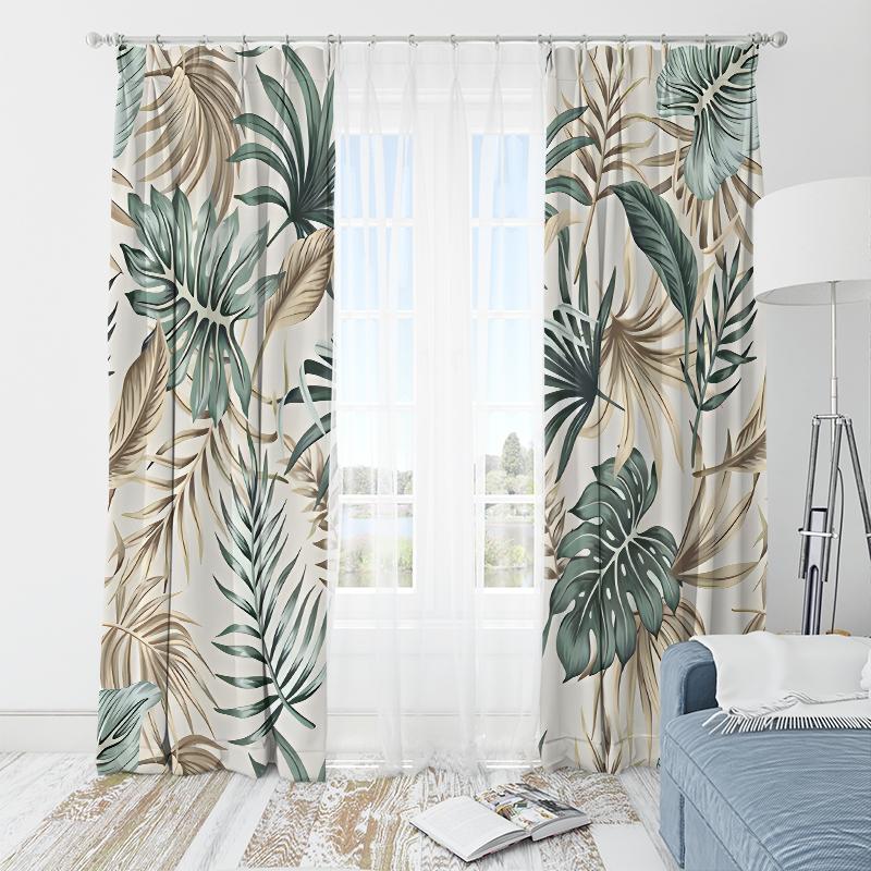 2pcs- Fresh lightweight green leaf polyester curtains, bathroom, bedroom, living room, and family space ornamental curtains