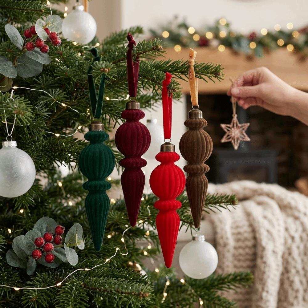 6PCS Oddly Shaped Velvet Christmas Ball Set Solid Color Long Finial Hanging Ornaments Christmas
