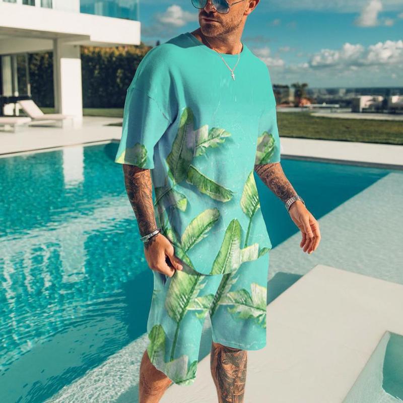 Men's 3D Printed Sports Two-Piece Set O-Neck T-Shirt Plant Pattern Printing Casual Fitness Short Sleeve Tops Shorts