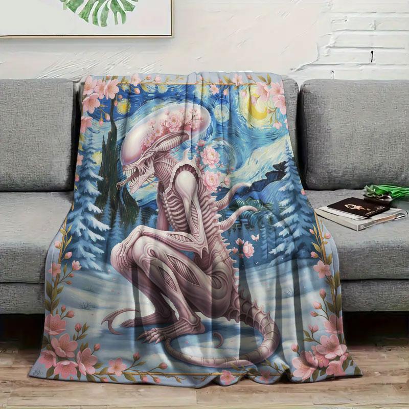 1Pc ArtAlien Print Flannel Blanket, High quality Comfortable for All Seasons, Warmth and Comfort, Perfect for Christmas Gifts
