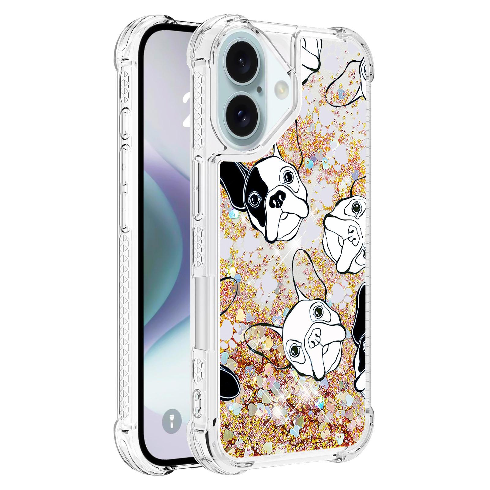

For iPhone 16 TPU Case with Quicksand and Pattern Printed Black+White Puppy