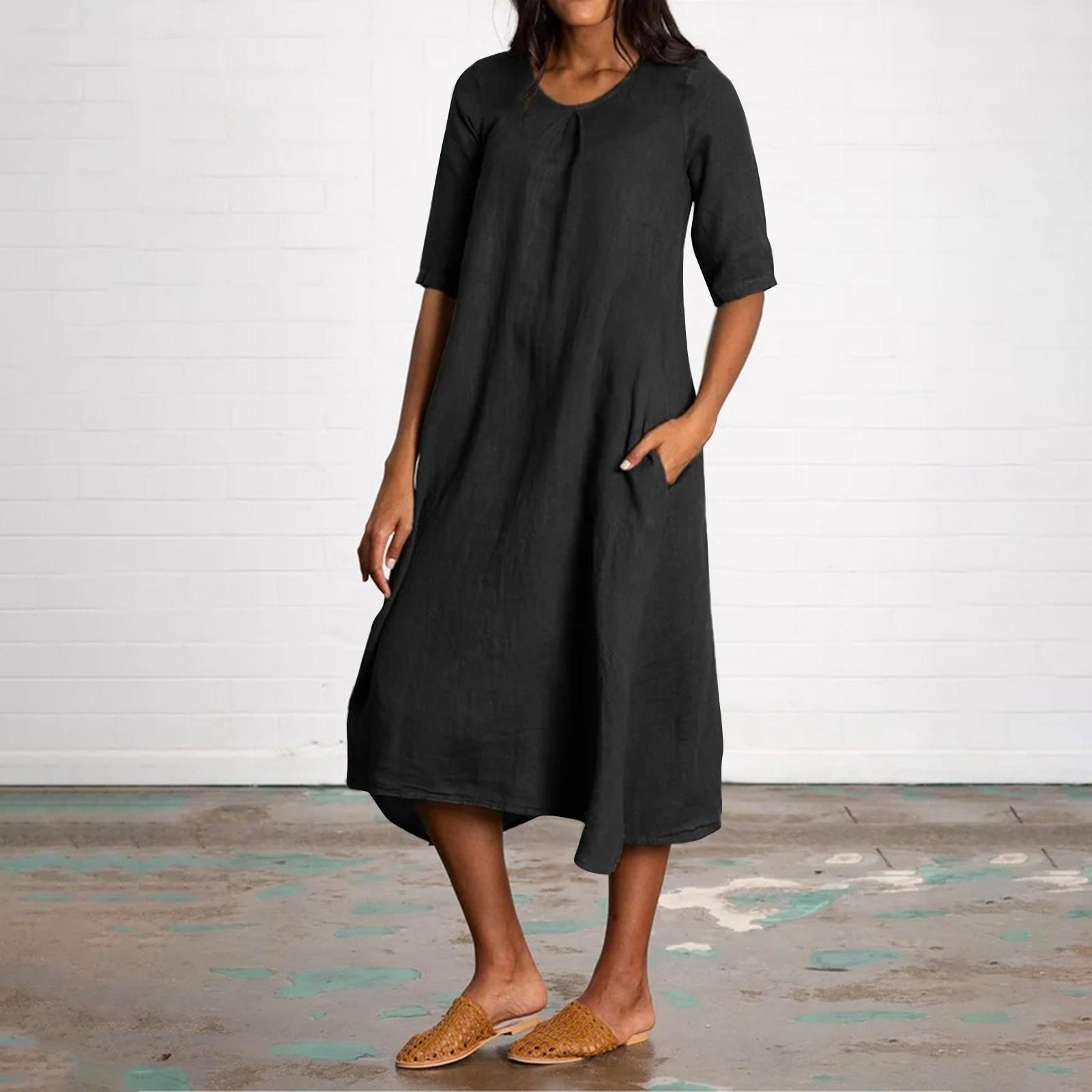 Women s Fashion Round Neck Split Sleeve Long Color Casual Cotton Linen Dresses L чёрный