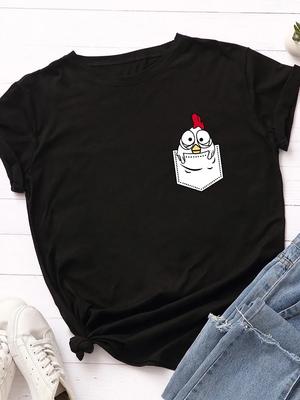 Pocket Chick Print Women T Shirt Short Sleeve O Neck Loose Women Tshirt Ladies Tee Shirt Tops Clothes Camisetas Mujer