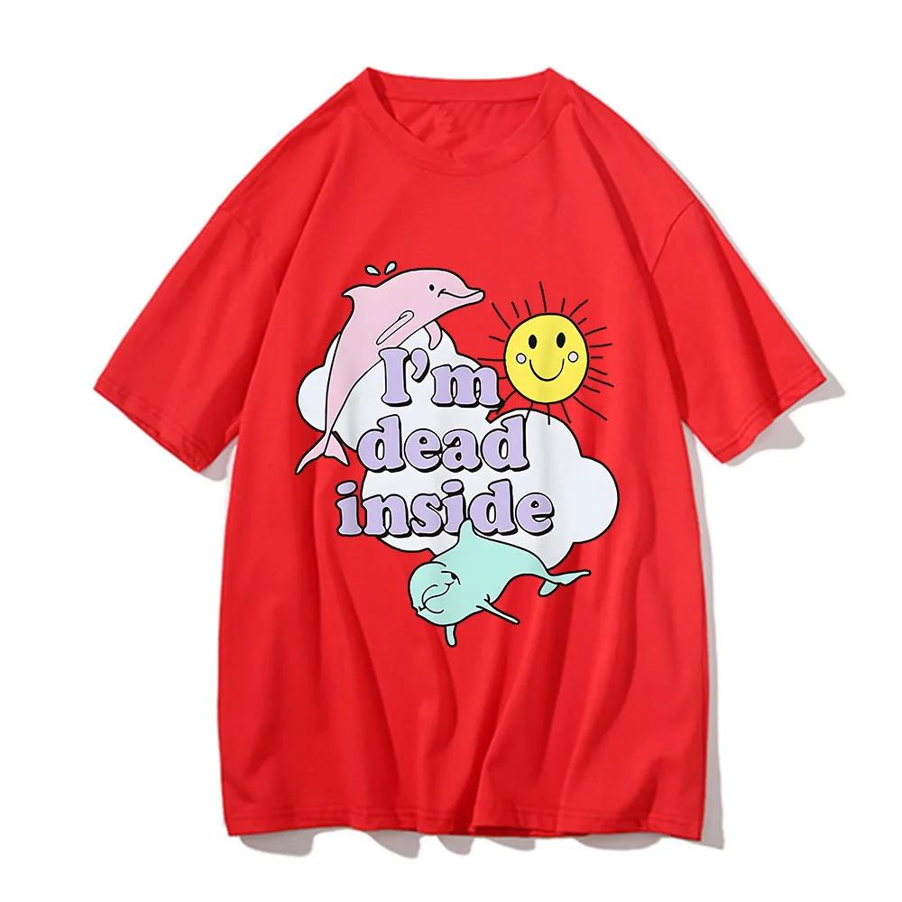 

Футболка с принтом дельфина I m Dead Inside, летняя, персонализированная, с принтом улыбки и граффити, топы с коротким рукавом, для пар, повседневная одежда свободного покроя XXL красный