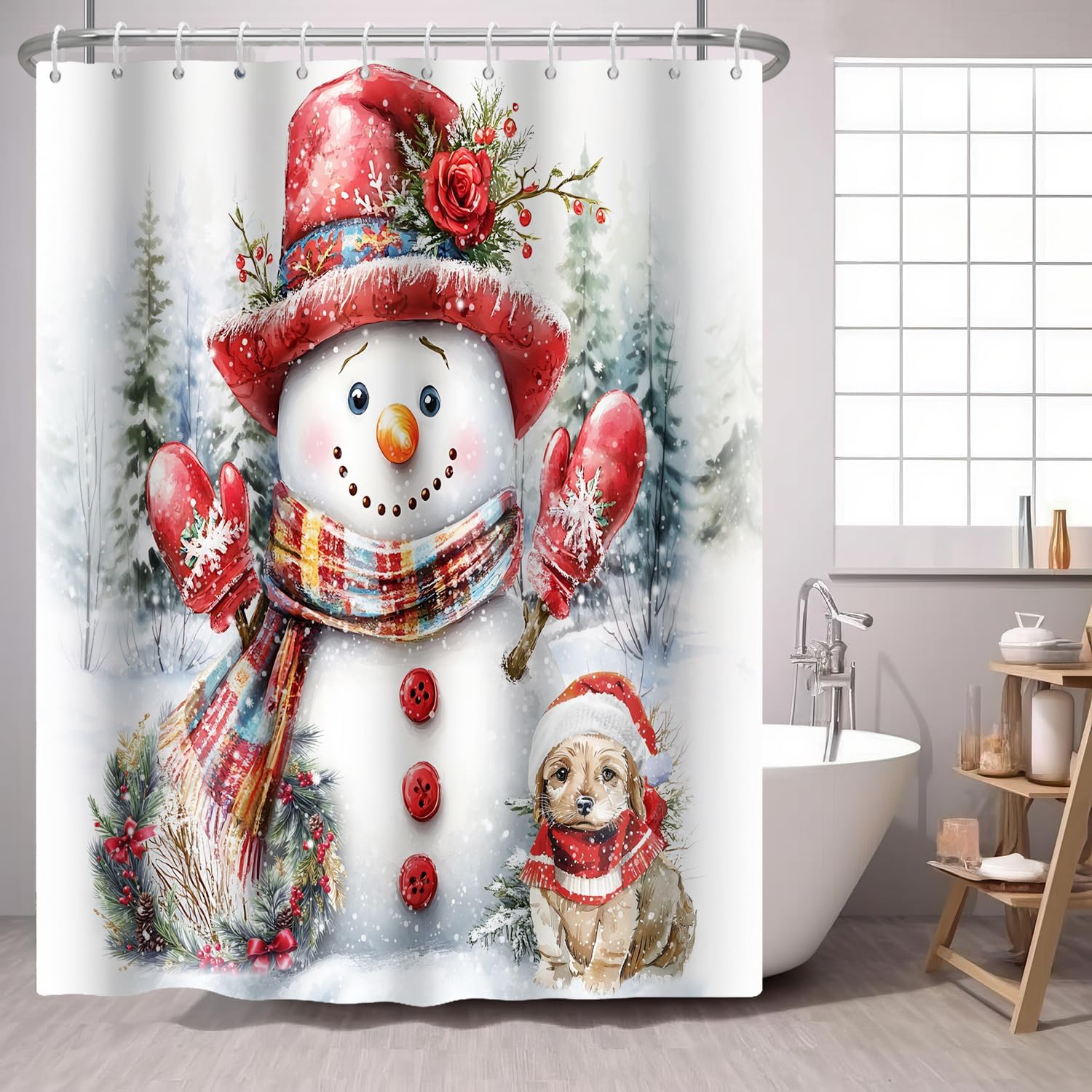 

Christmas Snowman Shower Curtain Winter Garden Vintage Lantern Xmas Garland Farmhouse Pine,Country Holiday Blue Fabric Shower 120x180CM