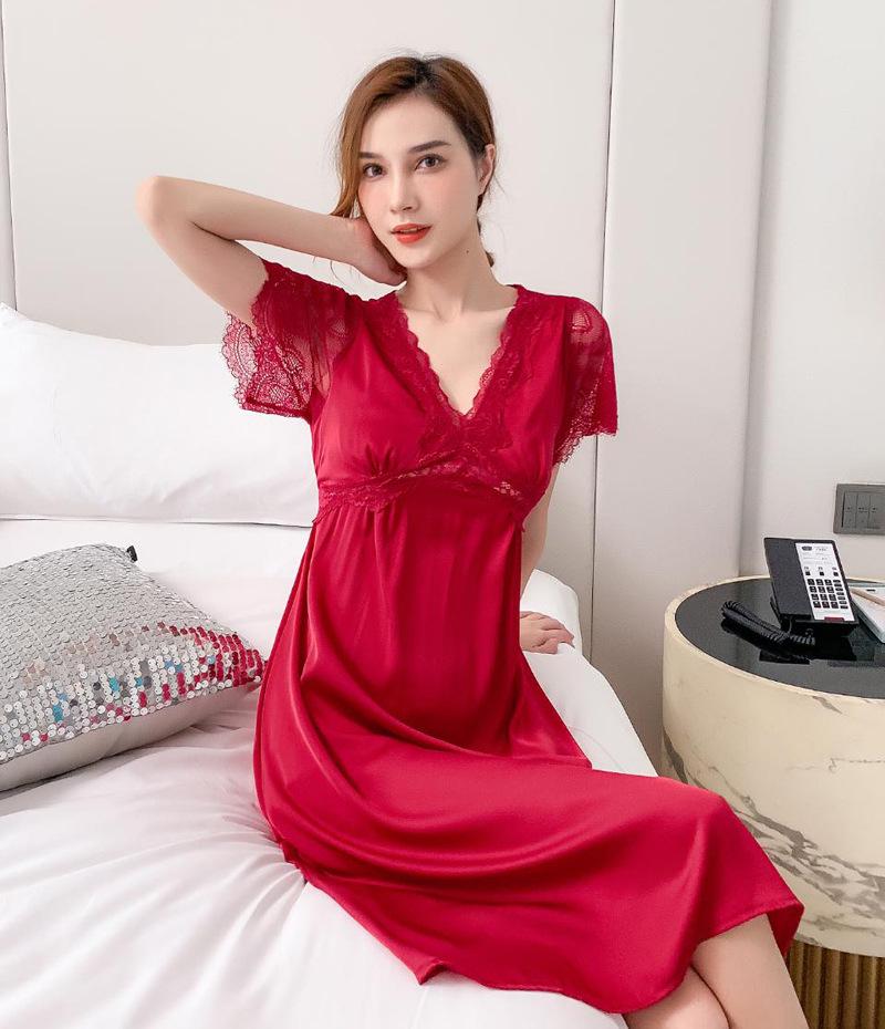 Women's Long Ice Silk Nightgown with Lace Trim and Chest Pads
