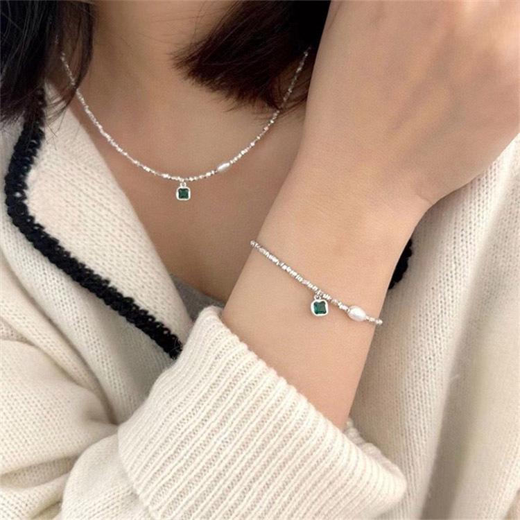 925 Sterling Silver Emerald Square Diamond Clavicle Chain Necklace - Handmade Beaded Jewelry