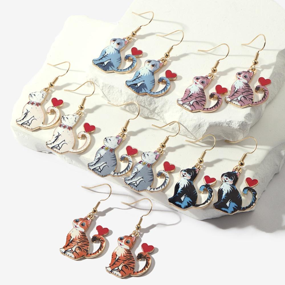Fashion Cartoon Oil-dripping Printed Animal Cat Heart-shaped Dangle Earrings for Women Cute Kitten Jewelry Accessories Gifts