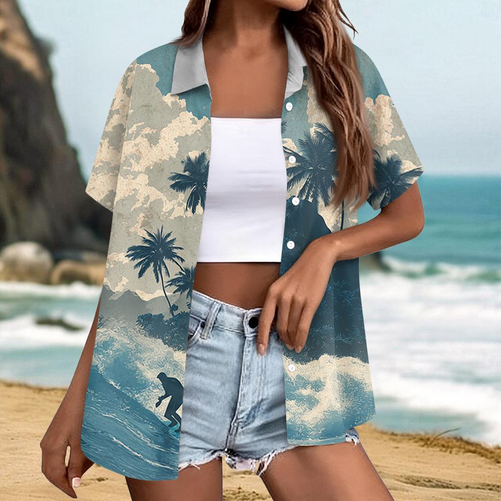 Women's fashionable casual Hawaiian print short-sleeved button-down collar shirt top
