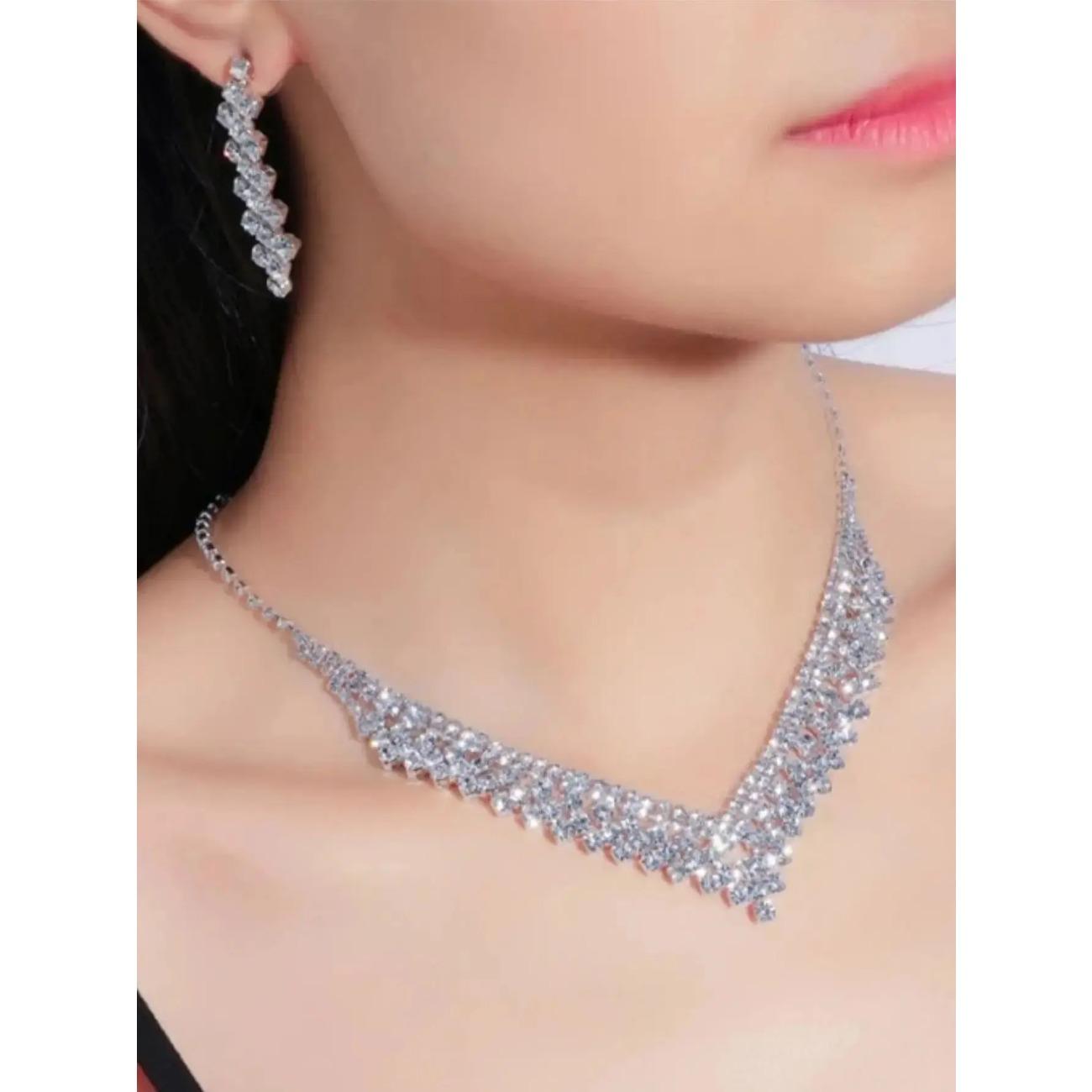 

Комплект из 3 предметов свадебных женских украшений, коническое ожерелье со стразами, серьги, аксессуары для банкетного свадебного платья Silver&45cm