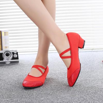 Neue Lehrer Tanzschuhe Canvas Leder Ballettschuhe Quadratischer Niedriger Absatz Tanzschuh Schwarz/Rot Mädchen Damen Schuhe Unterrichtspraxis