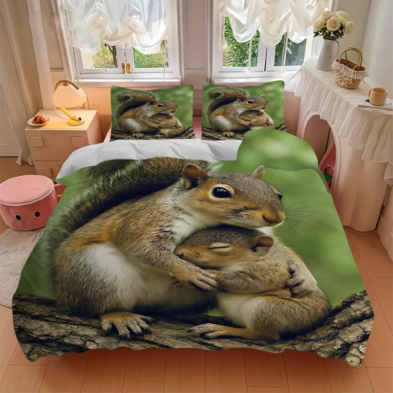 3pcs Squirrel Family Bedding Set - Includes One Quilt Cover and Two Pillowcases (No Core) - Cute Animal Design for Home Decor, Festival Gift