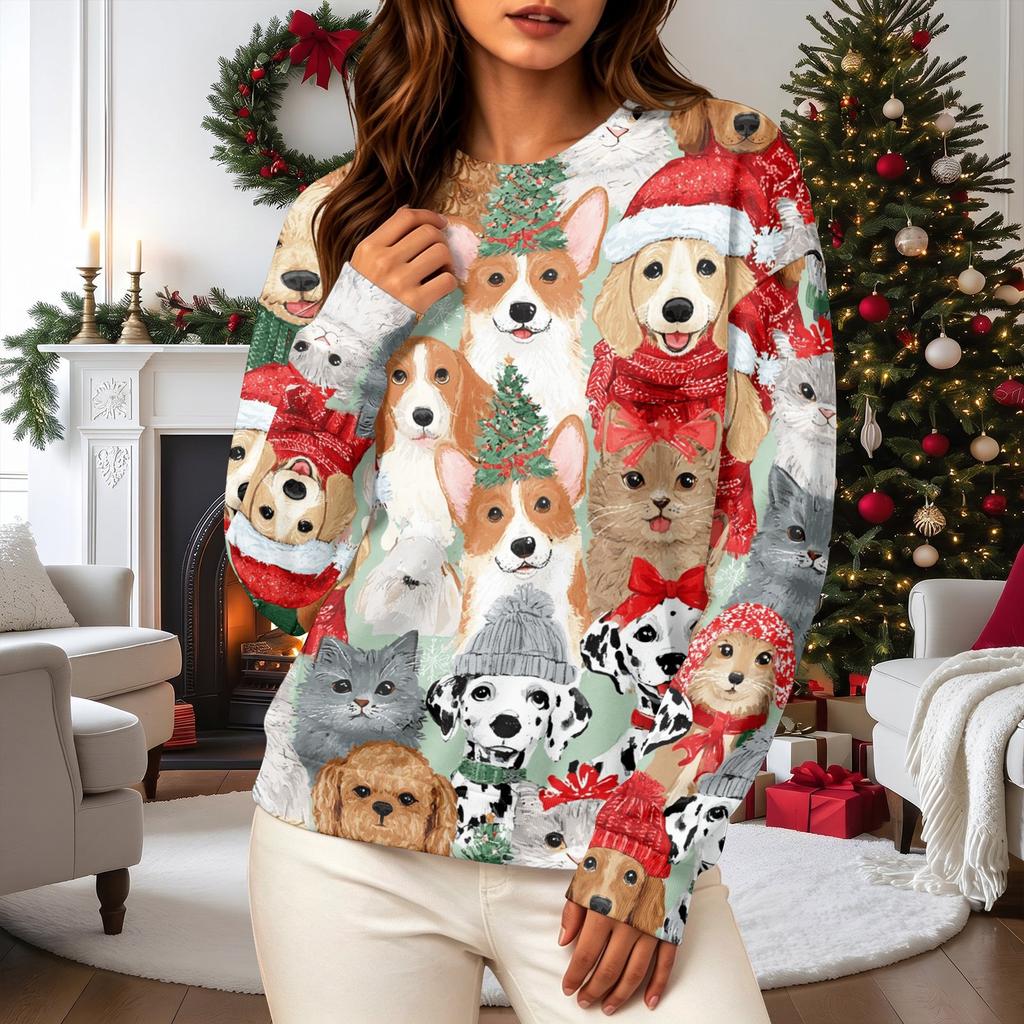 Women's Casual Long Sleeve Christmas Print Neck Pullover Sweatshirt
