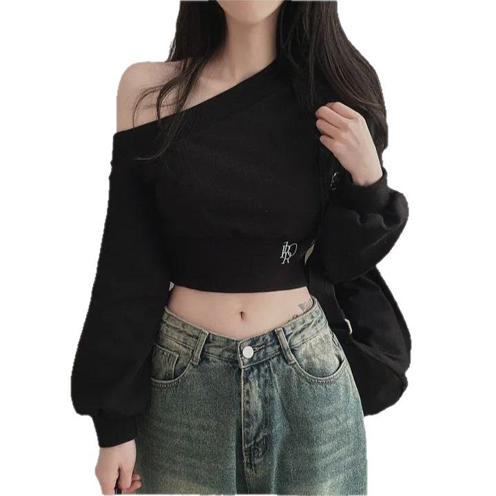 Korean-Style Irregular One-Shoulder Cropped Hoodie for Women