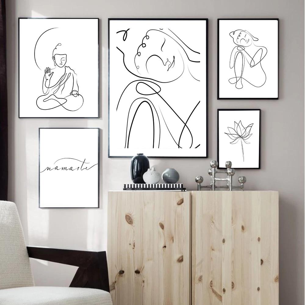 Meditierende Buddha Linie Leinwand Malerei Poster Minimalistischen Zen Eine Linie Zeichnung Namaste Zitat Yoga Wand Kunst Wohnkultur