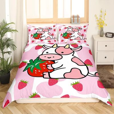 Erdbeere Bettbezug Set Queen King Size Mädchen Rosa Bettdeckenbezug Cartoon Frucht Bettwäsche Set Mädchen Teenager Geeignet 3 Teile