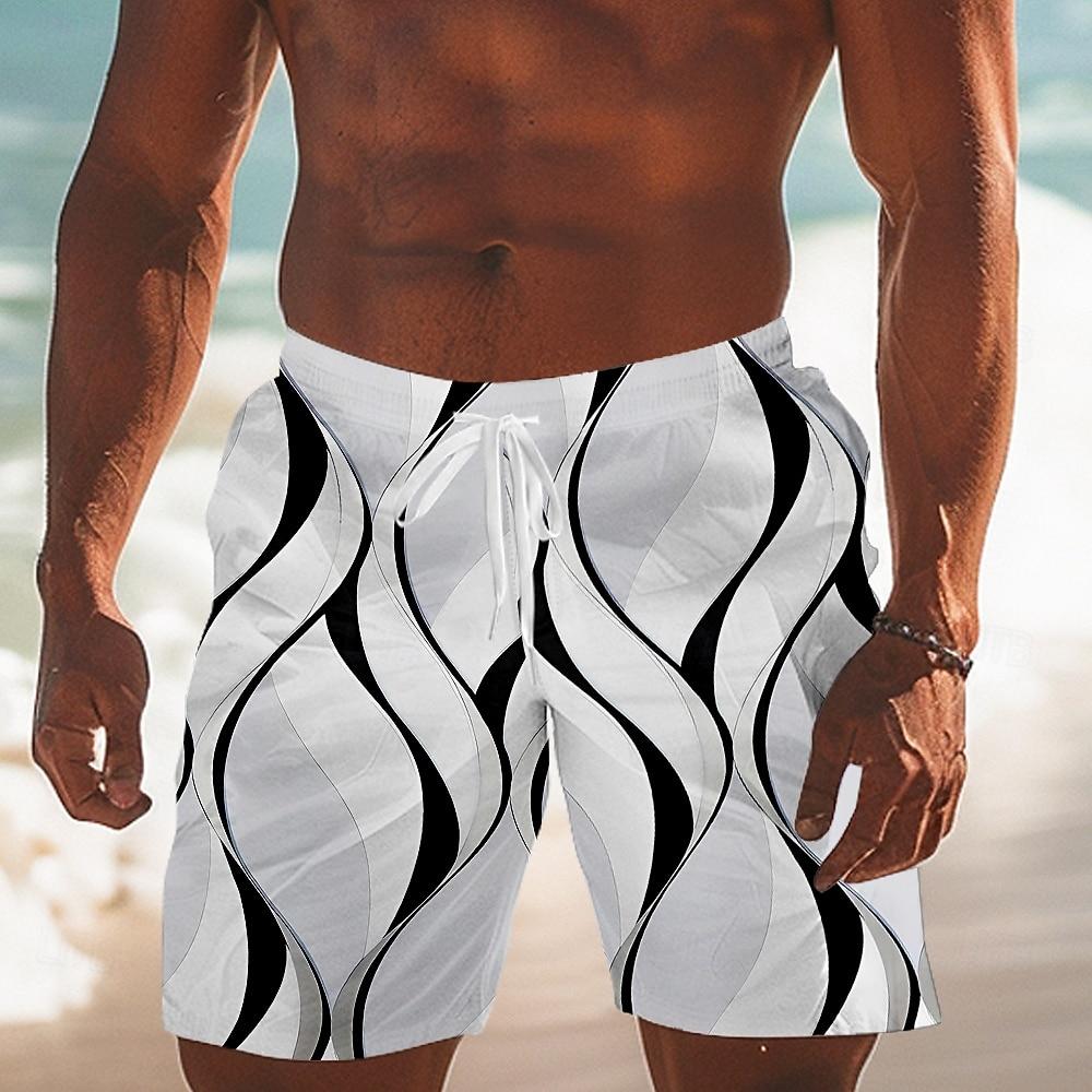 Men's Geometric Line Swim Trunks Swim Shorts Board Shorts Mid Waist Streetwear Hawaiian Vacation Drawstring Mesh Lining Elastic Waist