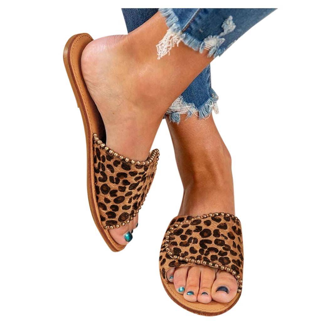 Women's Ladies Fashion Casual Flat Leopard Shoes Slippers Peep Toe Sandals