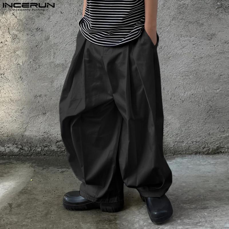 INCERUN Men Zipper Button Waist Solid Pleated Casual Long Pants Trousers