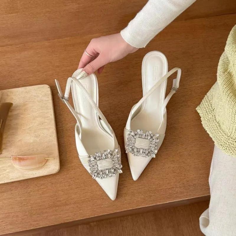 Women's Single Shoes with Heels Thin Heels Pointed Toe Rhinestones Heels Dress Banquet Leaking Heel French Sandalias De Mujer