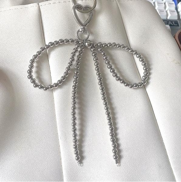 ZAKOL Y2K Korean Cute Beaded Pearl Bowknot Keychain for Women Girls Metal Bow Pendant Bag Decoration Accessories