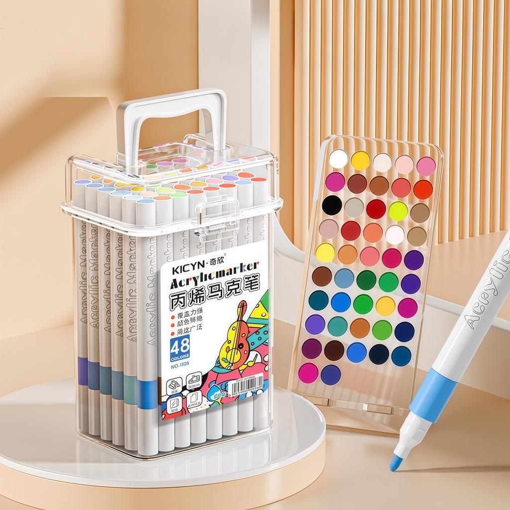 Water-Washable, Non-Bleeding, Layerable Acrylic Markers for Primary School Students - Waterproof, Bucket-Packed Colored Pens