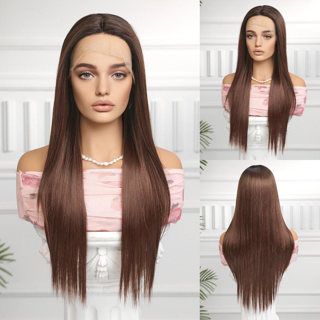 ALAN EATON Lange synthetische gerade Ombre Ash Platinum Blonde Lace Front Perücken für Frauen Cosplay Party High Density Hair Hitzebeständig