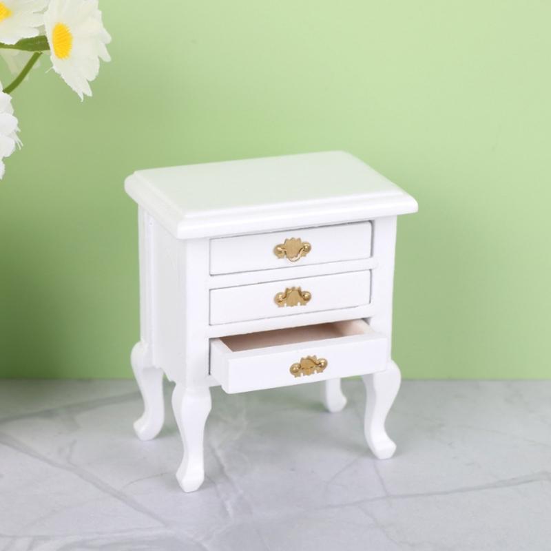1: 12 Scale Wooden Doll house night table With Functional Drawer For Miniature Bedroom Scene Decoration