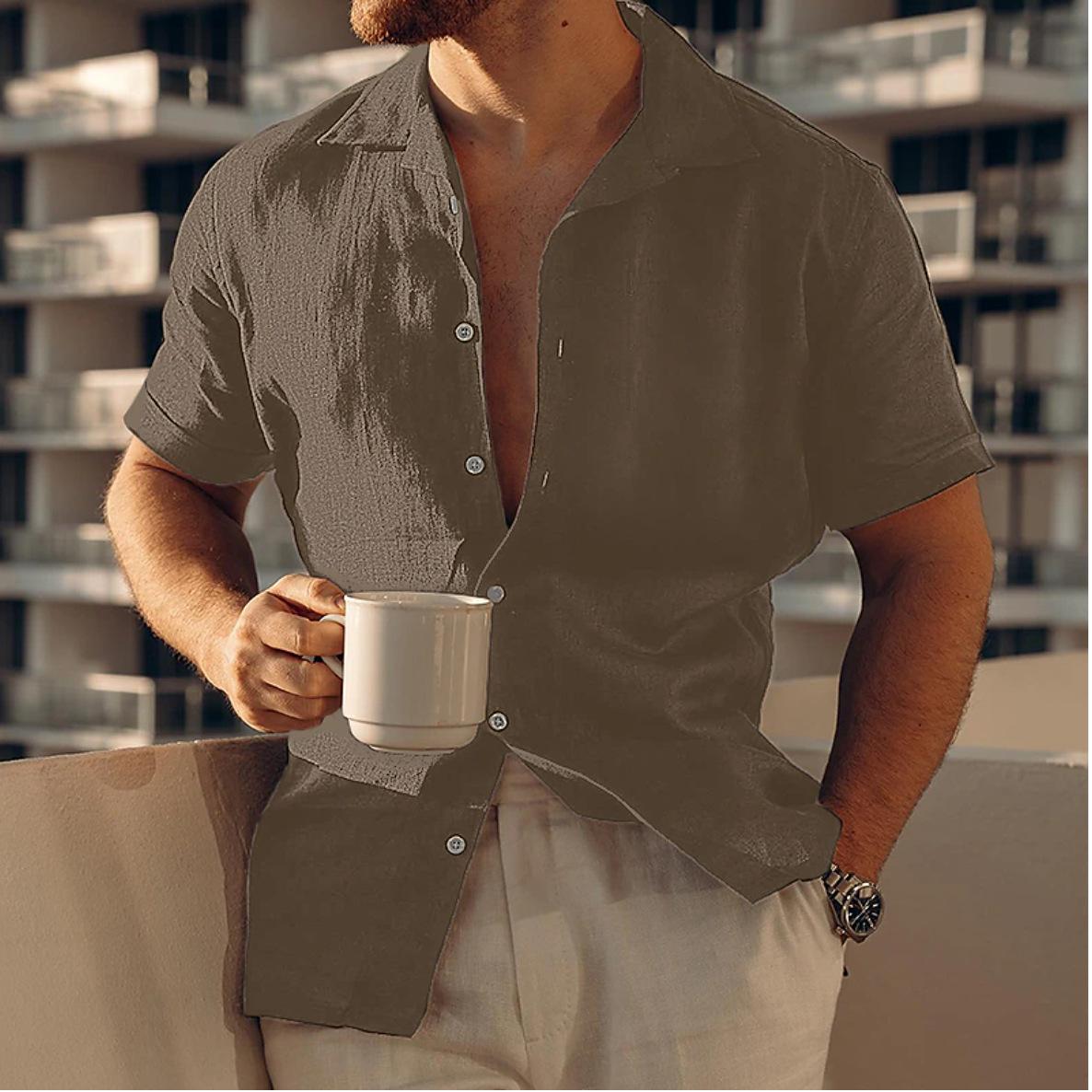 

Мужская льняная рубашка на пуговицах в стиле кэжуал, летняя пляжная рубашка с коротким рукавом, однотонный лацкан, кэжуал XXXL верблюд