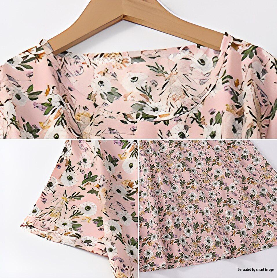 Floral Print Midi Dress for Plus-Size, Middle-Aged & Elderly Women – Short Sleeve, Round Neck, Slimming Waist, Large Hem