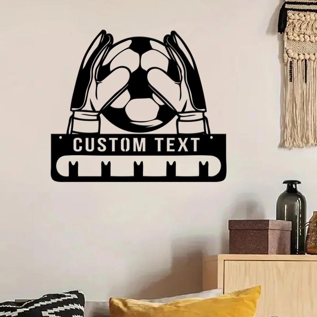 Metal Soccer Goalie Wall Decor, Personalized Name Plate Medal Hanger, Sporty Tin Sign for Home Gym Bar