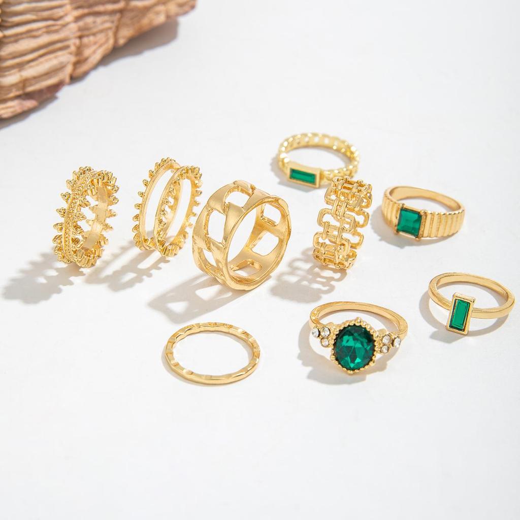 Cross Border French Retro Imitation Grandmother Emerald Joint Ring Women's Jewelry Niche Design Hollow Geometric Ring