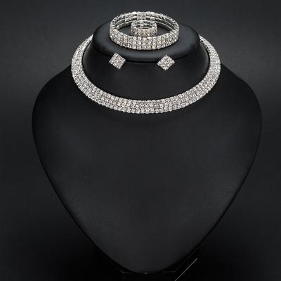 Fashion Necklace, Earrings, Rings, Bracelets, Four-piece Set, Full Diamond Three-row Collar, Bridal Set.