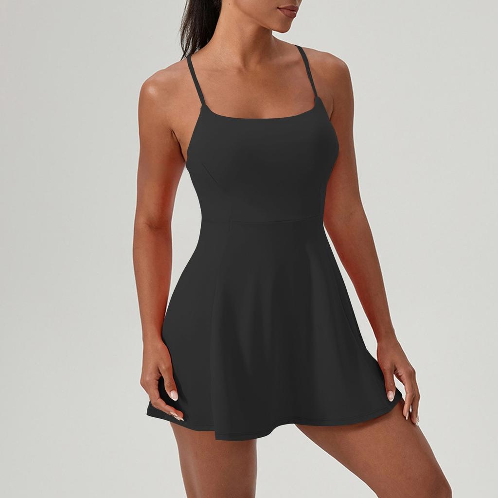 Women's Athletic Dress Sleeveless Built-in Bra And Shorts Exercise Tennis Dress