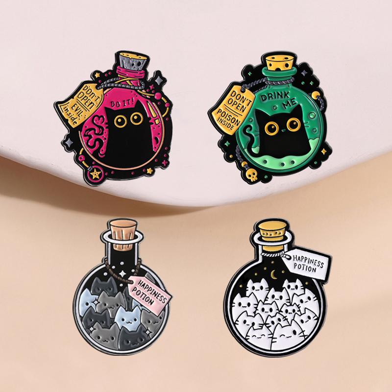 Cartoon Animal Drink Enamel Pins Witch Black Cat Elf Happiness Potion Christmas Gingerbread Coffee Drink Brooches Jewelry Gifts