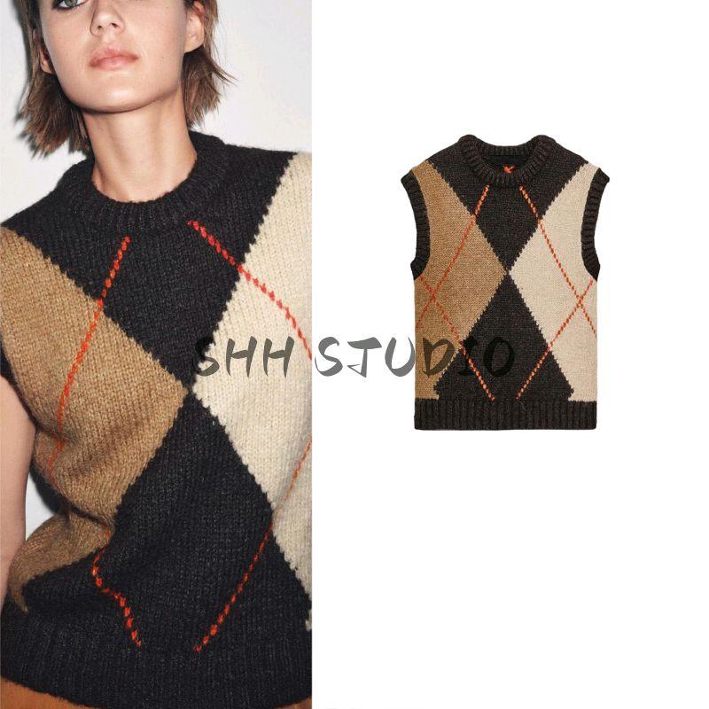 Fall New Women's Clothing American Style Minimalist Round Neck Sleeveless Diamond Pattern Knitting Vest Style Tops 6771110