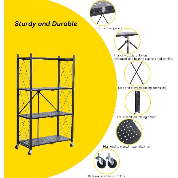 BRIAN & DANY 4-Shelf Foldable Storage Shelves with Wheels, Folding Metal Rack Shelving Unit, Heavy Duty No Assembly Organizer Shelf for Garage,