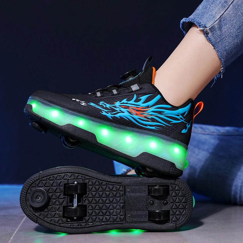 Children's Roller Skates Removable Flat Charging LED Four Wheels Glowing Sports Shoes Pink Women's Glowing Sneakers