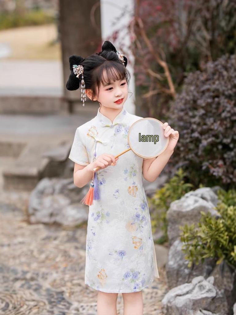 Girls' Cat Print Qipao Dress - New Chinese Style Summer Wear 2026