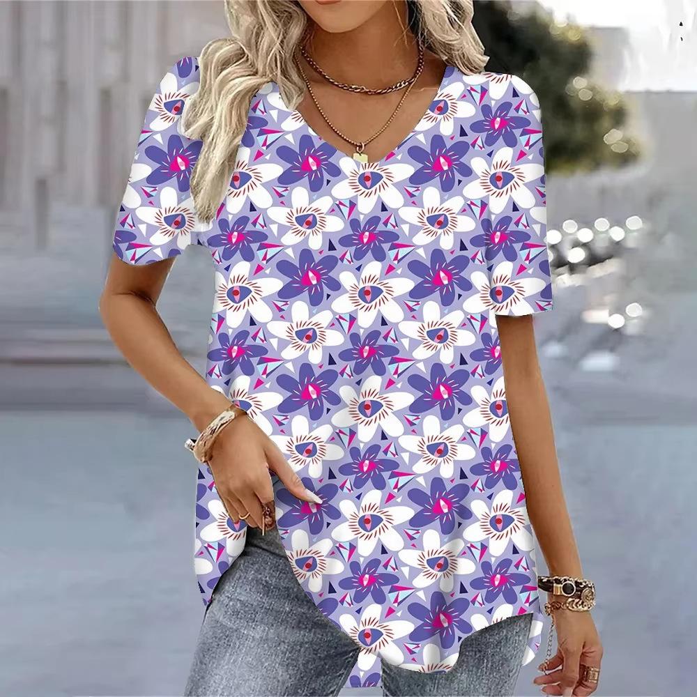 Casual Versatile Plant Pattern Short Sleeve V-Neck T-Shirts Women’s