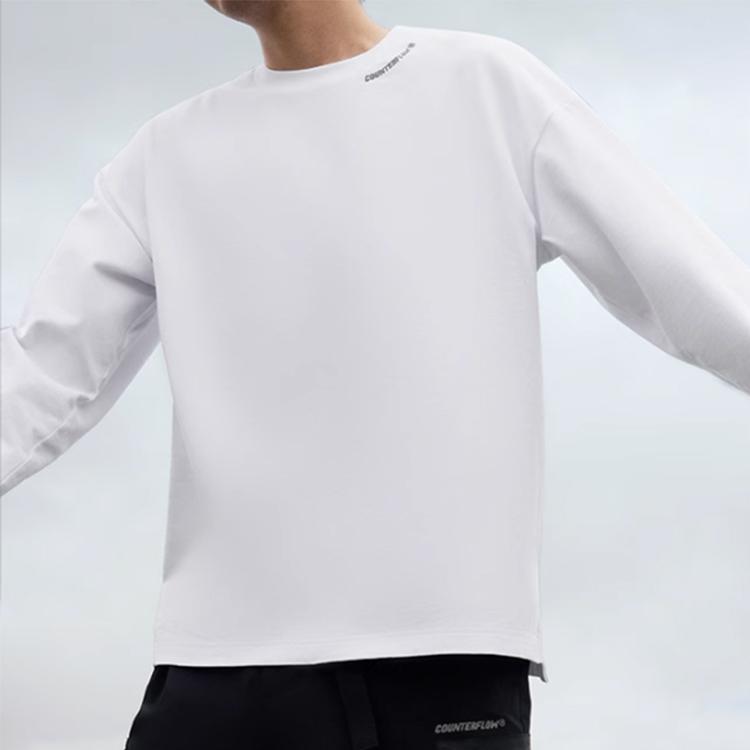 Li Ning CF Series Solid Color Round Neck Logo Letter Print Long Sleeve T-Shirt Men Tops Standard-White ATLT119-1